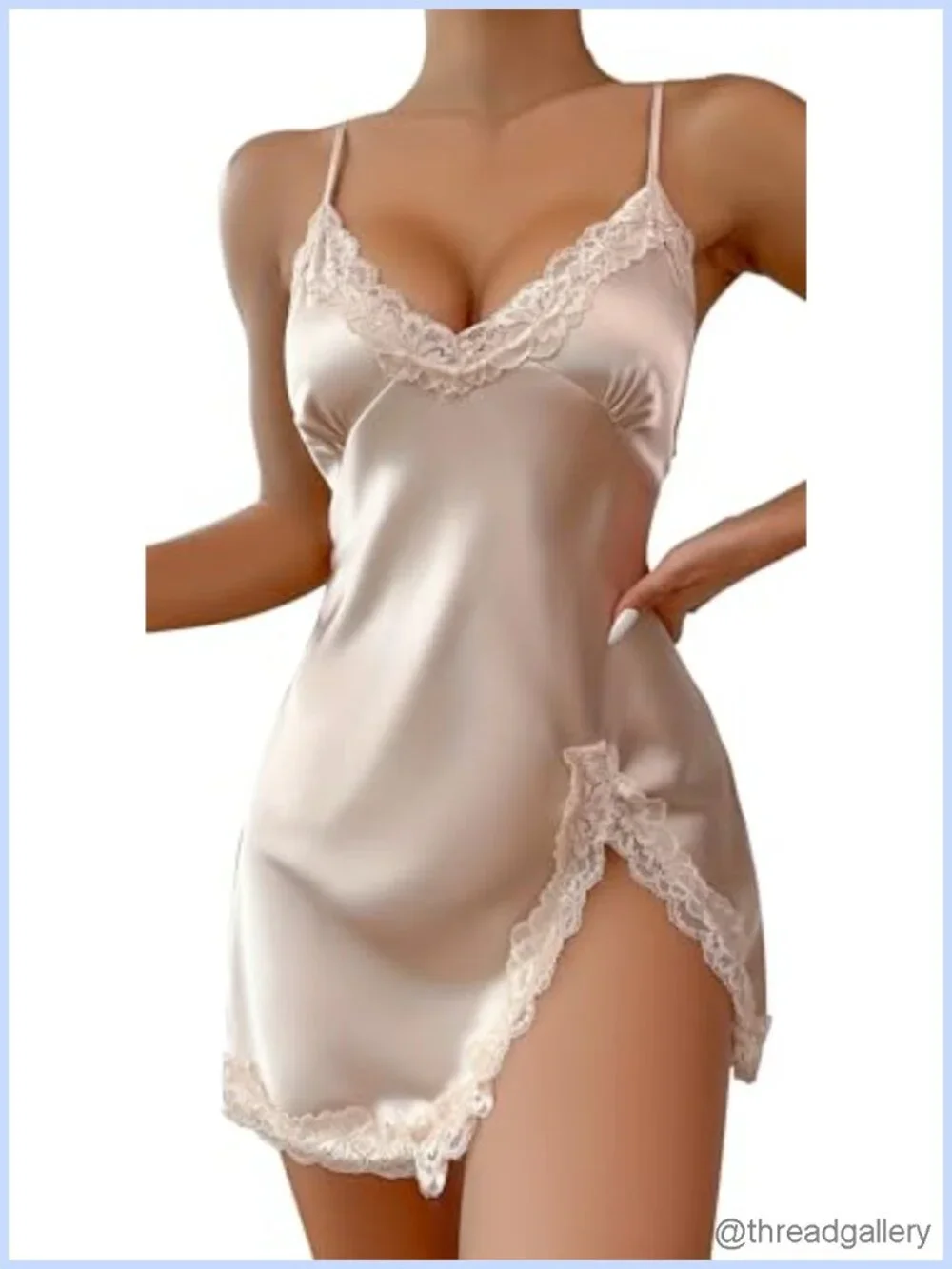 Satin Lace Chemise Side Slit Nightgown Full Slips Sleepwear